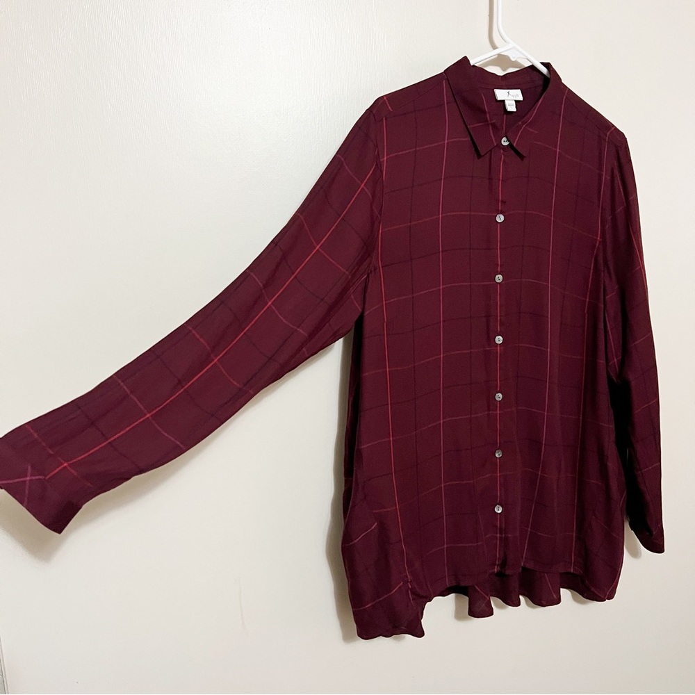 J Jill Plaid Burgundy Plaid Button Down Shirt L